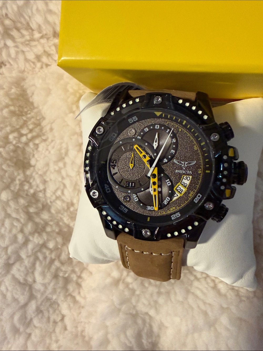 Invicta S1 RallyBlack Dial Chronograph Watch with Brown Strap and Yellow Accents